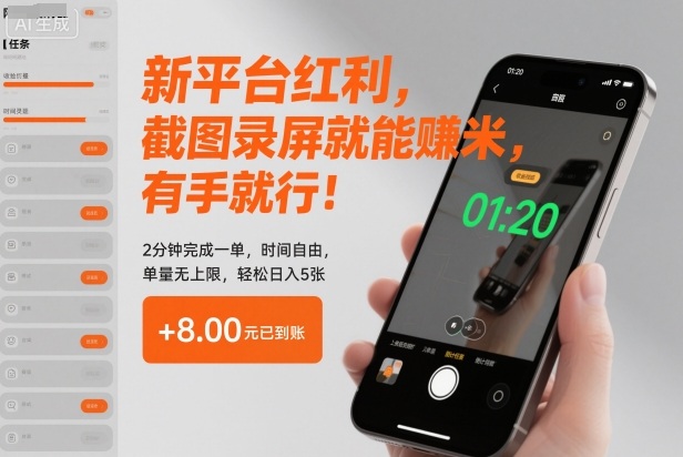 新平台红利，截图录屏就能賺米，有手就行！2分钟完成一单，时间自由，单量无上限，轻松日入5张【揭秘】-千城资源网
