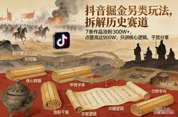 抖音掘金另类玩法，拆解历史赛道，7条作品涨粉300W+，点赞量高达900W，只讲核心逻辑，干货分享-千城资源网