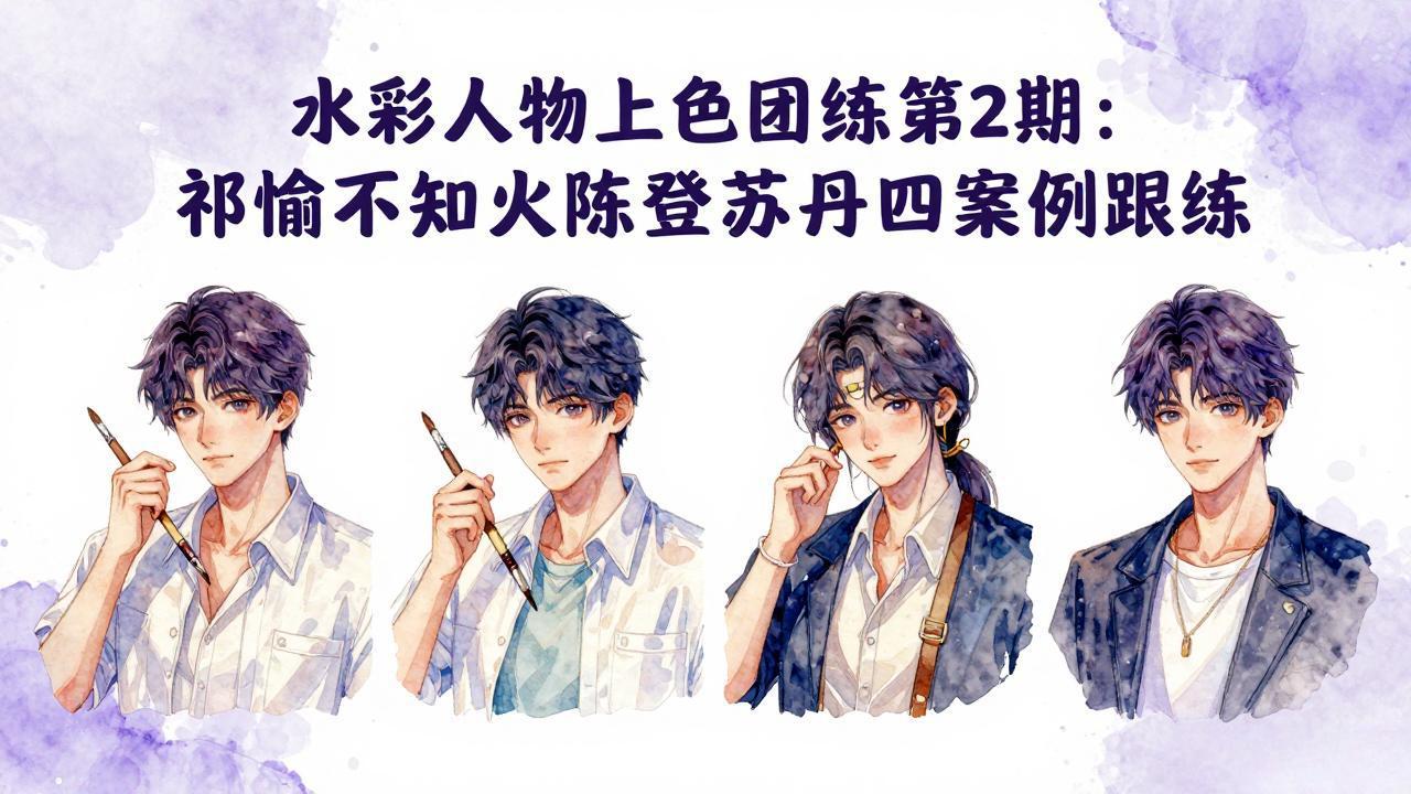 水彩人物上色团练第2期：祁煜不知火陈登苏丹四案例跟练，手把手提升绘画能力-千城资源网