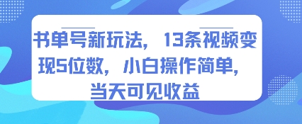 书单号新玩法，13条视频变现5位数，小白操作简单，当天可见收益-千城资源网