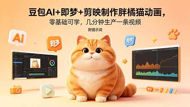 （18431期）豆包AI+即梦+剪映制作胖橘猫动画，零基础可学，几分钟生产一条视频，附提示词-千城资源网