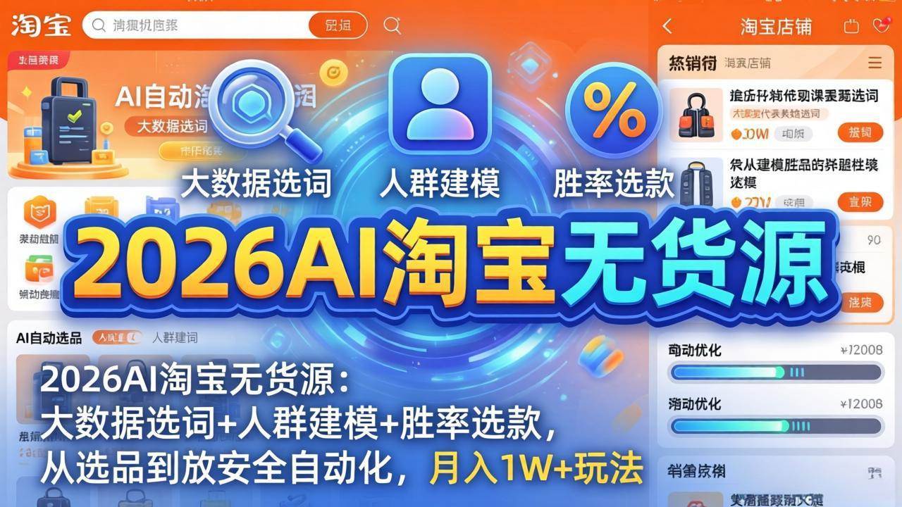 （17812期）2026AI淘宝无货源：大数据选词+人群建模+胜率选款，从选品到放大全自动化，月入1W+玩法-千城资源网