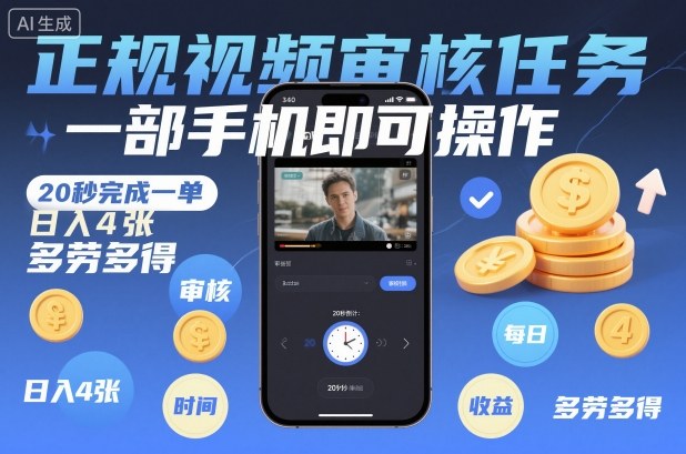 正规视频审核任务，一部手机即可操作，20秒完成一单，日入4张，多劳多得【揭秘】-千城资源网