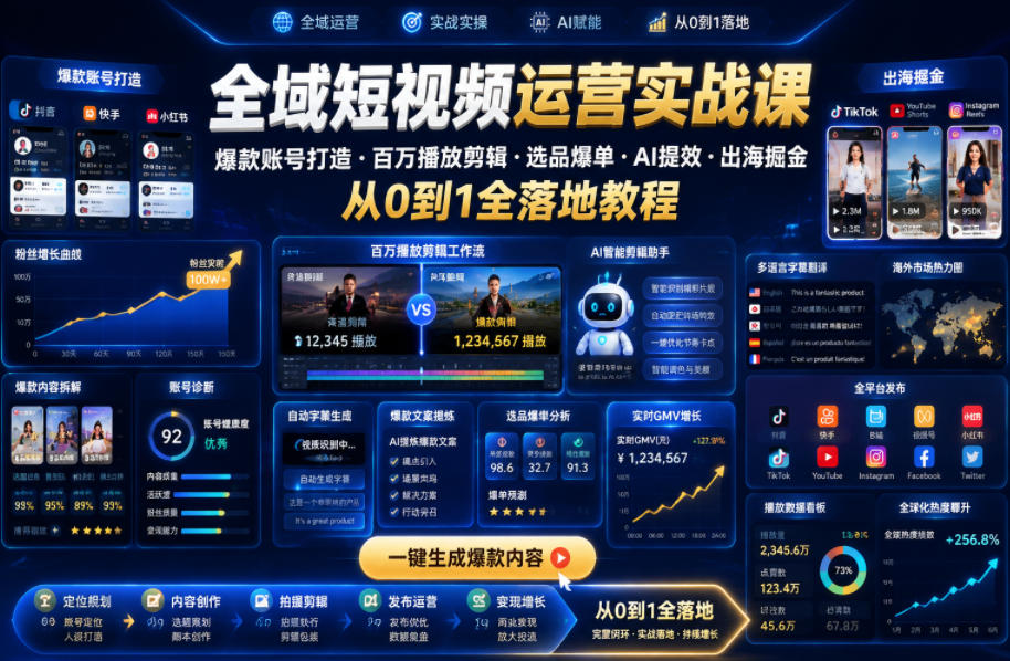 全域短视频运营实战课，爆款账号打造・百万播放剪辑・选品爆单・AI提效・出海掘金，从0到1全落地教程-千城资源网