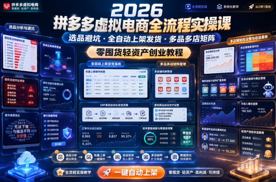 2026拼多多虚拟电商全流程实操课，选品避坑・全自动上架发货・多品多店矩阵，零囤货轻资产创业教程-千城资源网
