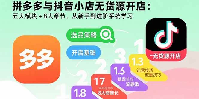 （15805期）拼多多与抖音小店无货源开店：五大模块+8大章节，从新手到进阶系统学习-千城资源网