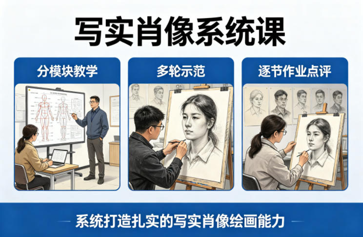 写实肖像系统课，全程分模块教学+多轮示范+逐节作业点评，系统打造扎实的写实肖像绘画能力-千城资源网