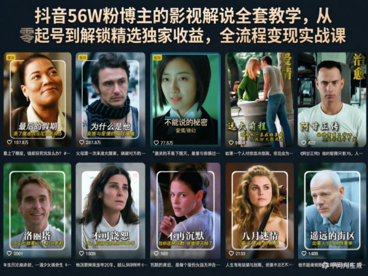 抖音56W粉博主的影视解说全套教学，从零起号到解锁精选独家收益，全流程变现实战课-千城资源网