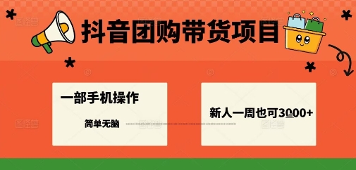 抖音团购带货项目，一部手机简单操作，一周3k+-千城资源网