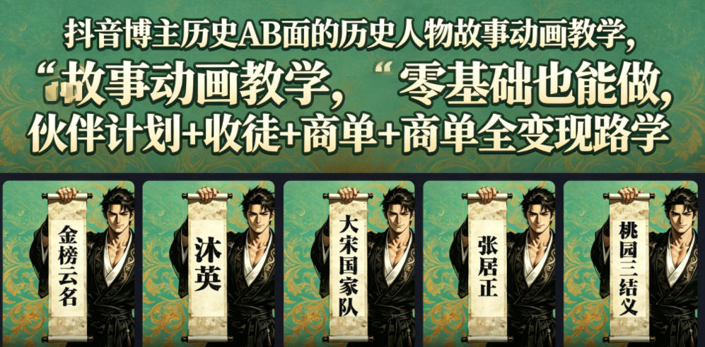 抖音博主历史AB面的历史人物故事动画教学，零基础也能做，伙伴计划+收徒+商单全变现路径教学-千城资源网