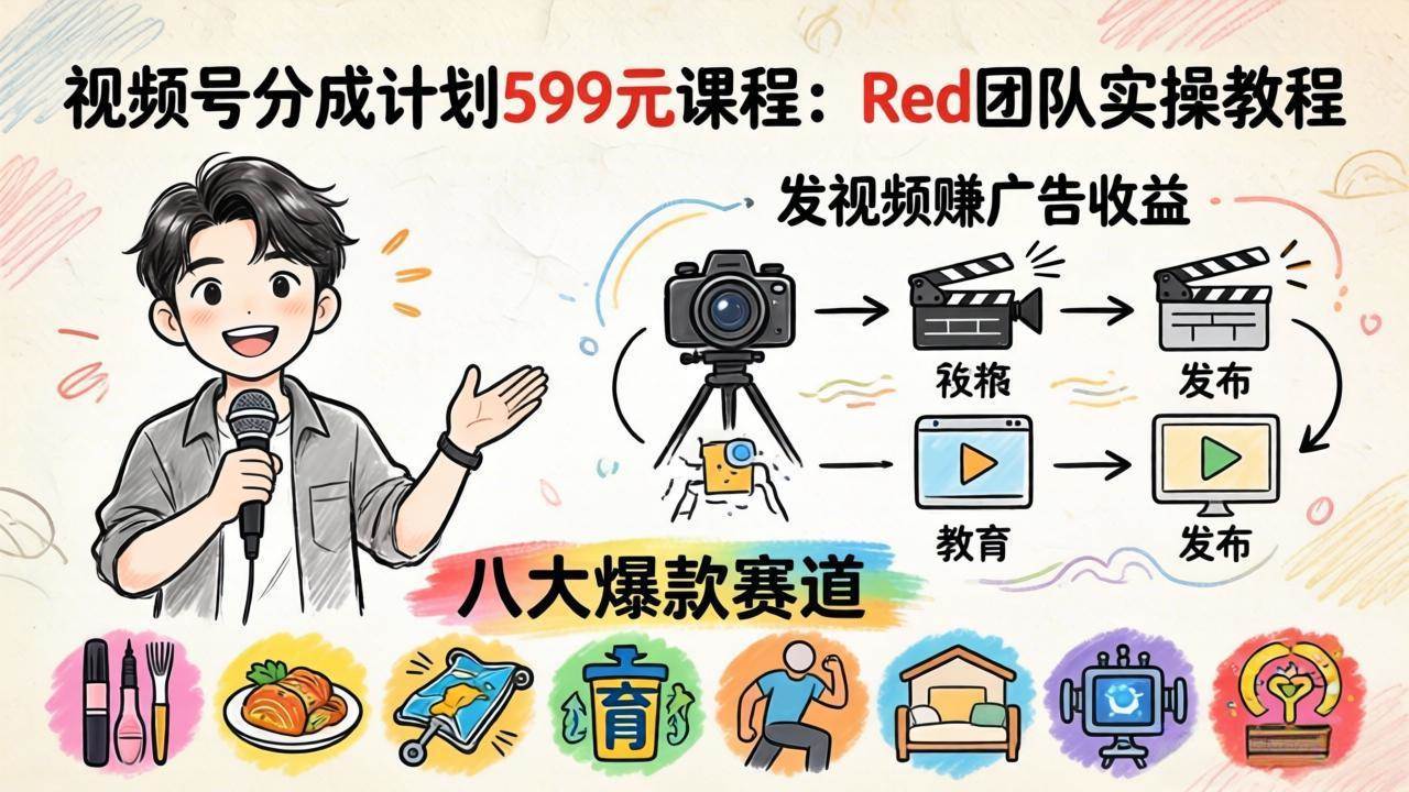 （18088期）视频号分成计划599元课程：Red团队实操教程，发视频赚广告收益，八大爆款赛道全掌握-千城资源网