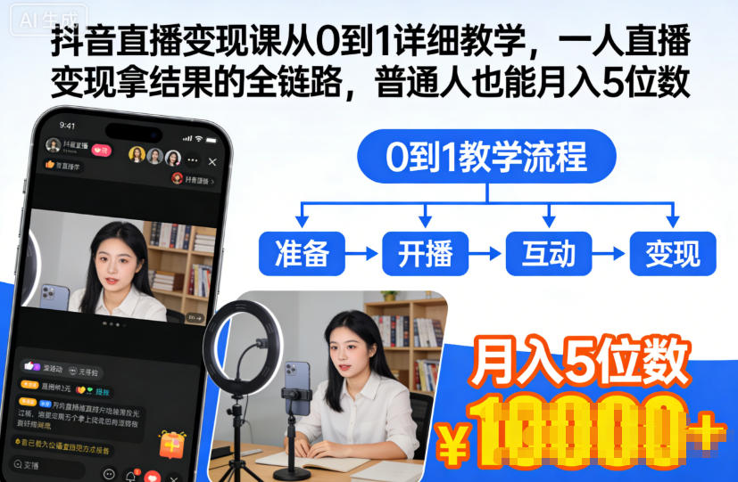 抖音直播变现课从0到1详细教学，一人直播变现拿结果的全链路，普通人也能月入5位数-千城资源网