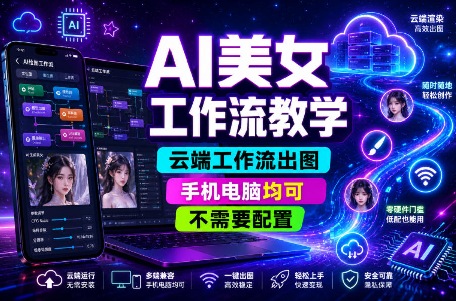AI美女工作流教学，云端工作流出图，手机电脑均可，不需要配置，快速起号涨粉-千城资源网