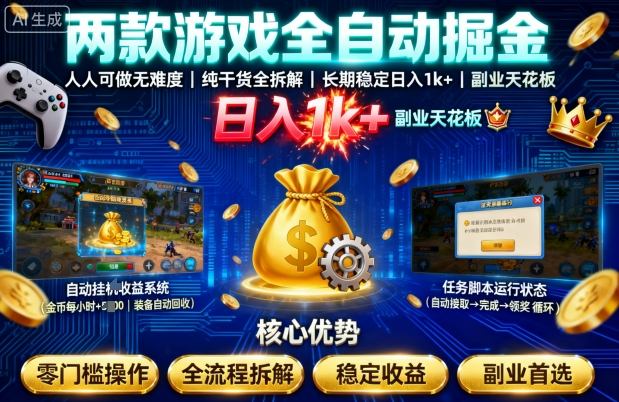 两款游戏全自动掘金，人人可做无难度，纯干货全拆解，长期稳定，日入1k+，副业天花板【揭秘】-千城资源网