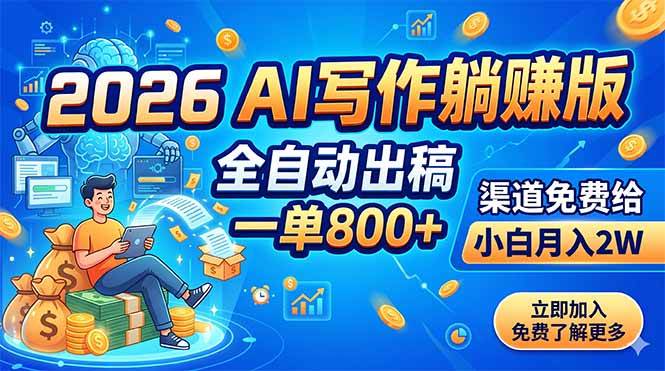 （18885期）2026 AI写作躺赚版：全自动出稿，一单800+，渠道免费给，小白月入2W-千城资源网