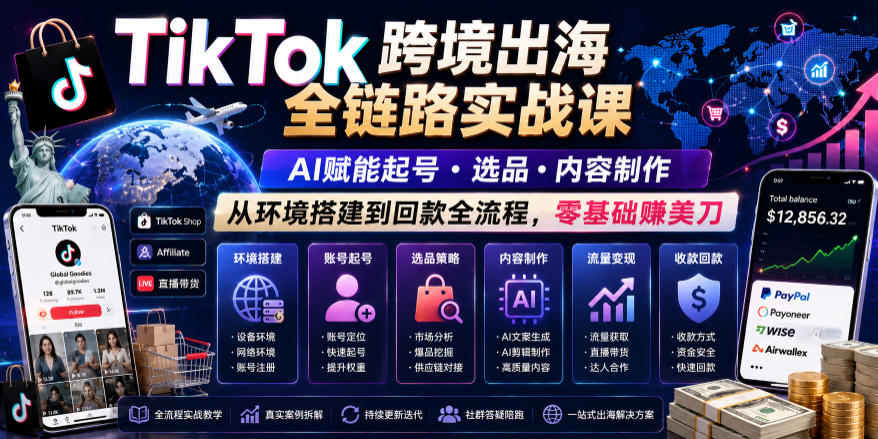 TikTok跨境出海全链路实战课，AI赋能起号・选品・内容制作，从环境搭建到回款全流程，零基础賺美刀-千城资源网