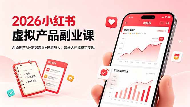 （18449期）2026小红书虚拟产品副业课，AI原创产品+笔记流量+投流放大，普通人也能稳定变现-千城资源网