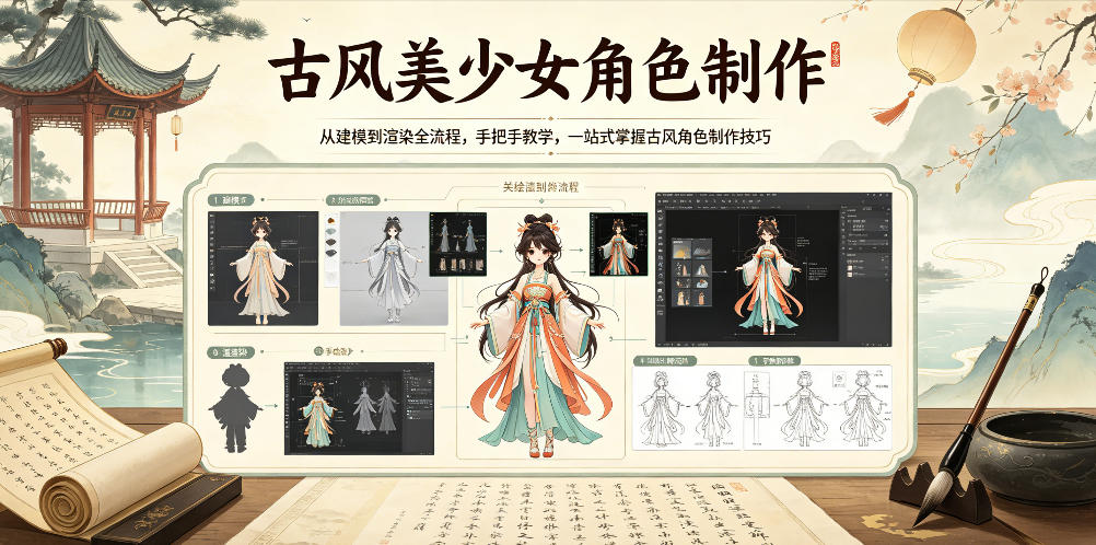 古风美少女角色制作，从建模到渲染全流程，手把手教学，一站式掌握古风角色制作技巧-千城资源网