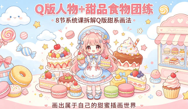 Q版人物+甜品食物团练，8节系统课拆解Q版甜系画法，画出属于自己的甜蜜插画世界-千城资源网