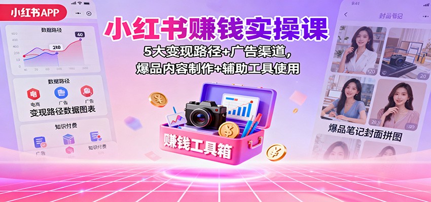 小红书赚钱实操课：5大变现路径+广告渠道，爆品内容制作+辅助工具使用-千城资源网