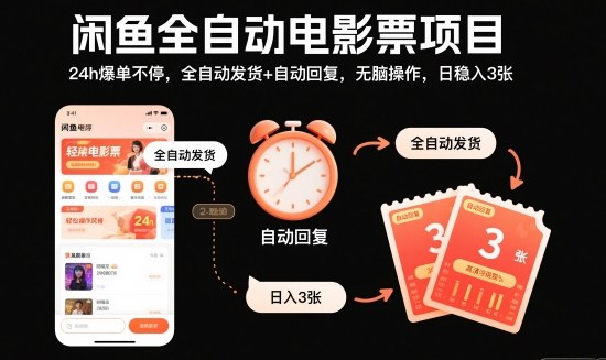 闲鱼全自动电影票项目，24h爆单不停，全自动发货+自动回复，无脑操作，日稳入3张【揭秘】-千城资源网