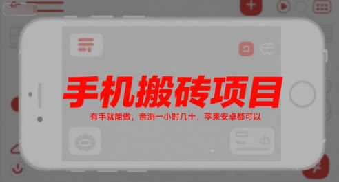 手机搬砖项目，有手就能做，亲测一小时几十，苹果安卓都可以-千城资源网