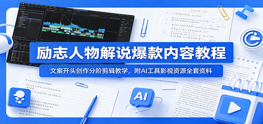 励志人物解说爆款内容教程：文案开头创作分阶剪辑教学，附AI 工具影视资源全套资料-千城资源网