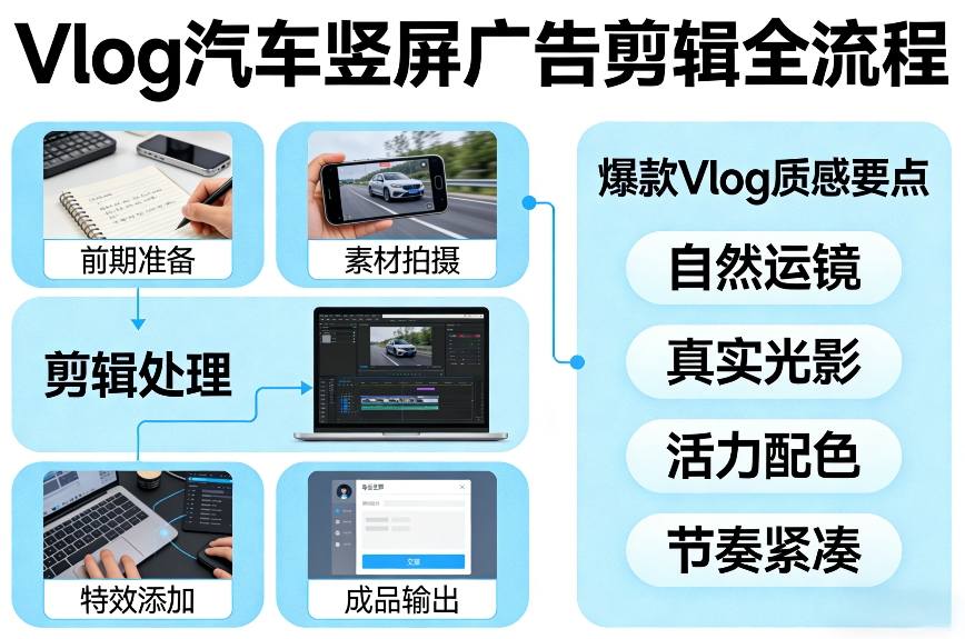 Vlog感觉汽车竖屏广告剪辑脚本全流程，拿捏爆款Vlog质感-千城资源网