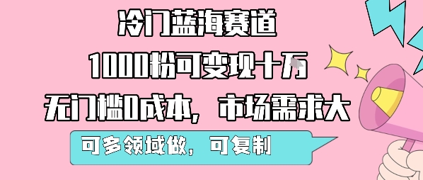 冷门蓝海赛道，1000粉可变现十W，无门槛0成本，市场需求大，可多领域做，可复制性强-千城资源网