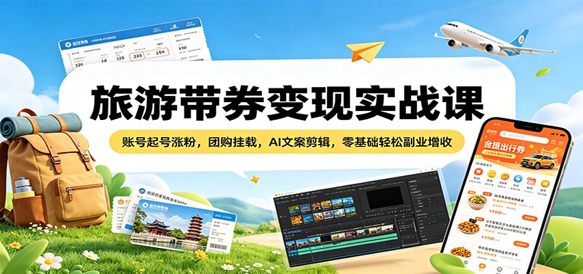 旅游带券变现实战课：账号起号涨粉，团购挂载，AI文案剪辑，零基础轻松副业增收-千城资源网