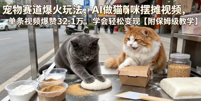 宠物赛道爆火玩法，AI做猫咪摆摊视频，单条视频爆赞32.1万，学会轻松变现【附保姆级教学】-千城资源网