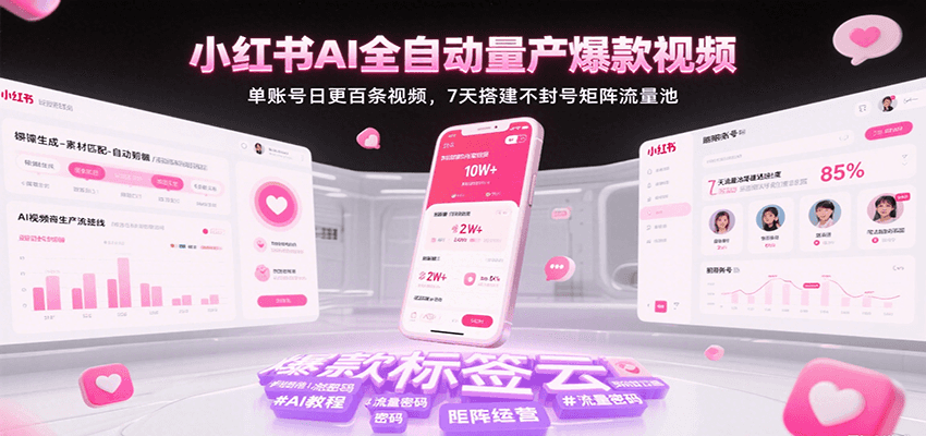小红书AI全自动量产爆款视频，单账号日更百条视频，7天搭建不封号矩阵流量池-千城资源网