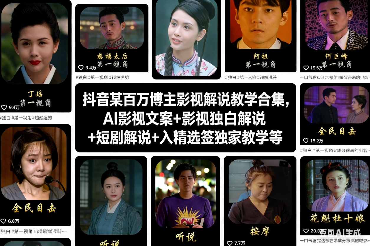 抖音某百万博主影视解说教学合集，AI影视文案+影视独白解说+短剧解说+入精选签独家教学等-千城资源网