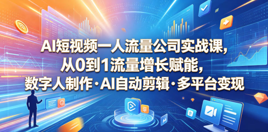 AI短视频一人流量公司实战课，从0到1流量增长赋能，数字人制作・AI自动剪辑・多平台变现，一人做流量生意全落地教程-千城资源网
