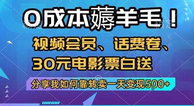 0成本薅羊毛!视频会员、话费卷、30元电影票白送，分享我如何靠转卖一天变现5张+【揭秘】-千城资源网