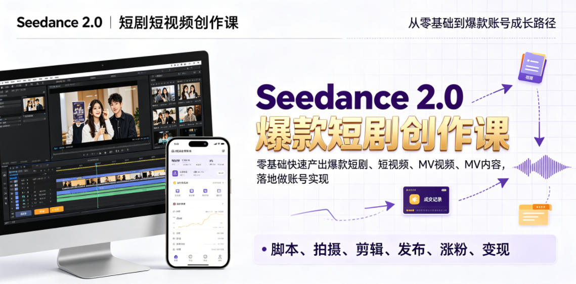 Seedance 2.0短剧短视频创作课，零基础快速产出爆款短剧、短视频、MV内容，落地做账号实现变现-千城资源网