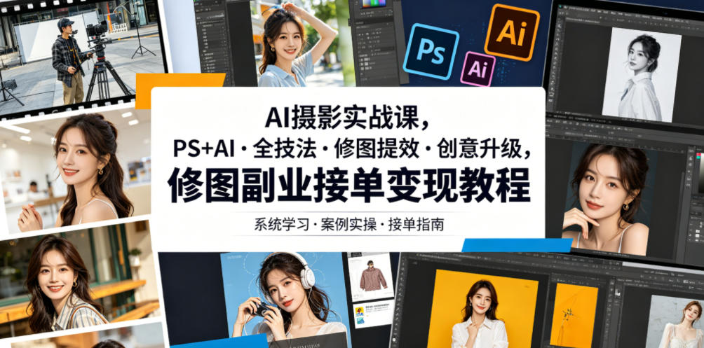 AI摄影实战课，PS+AI・全技法・修图提效・创意升级，修图副业接单变现教程-千城资源网