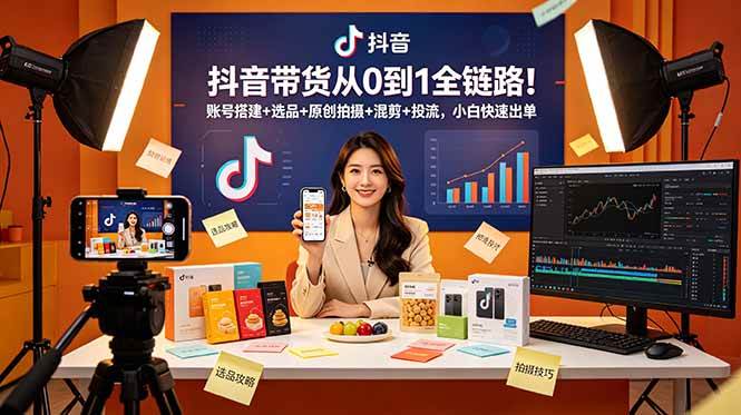 （18963期）抖音带货从0到1全链路！账号搭建+选品+原创拍摄+混剪+投流，小白快速出单-千城资源网