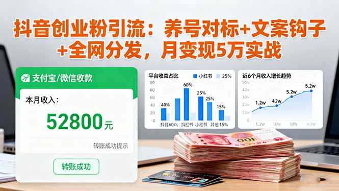 抖音创业粉引流：养号对标+文案钩子+全网分发，月变现5万实战-千城资源网