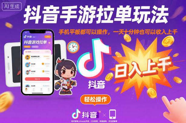 抖音手游拉单玩法，手机平板都可以操作，一天十分钟也可以收入上K【揭秘】-千城资源网