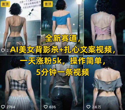全新赛道，AI美女背影杀+扎心文案视频，一天涨粉5k，操作简单，5分钟一条视频-千城资源网