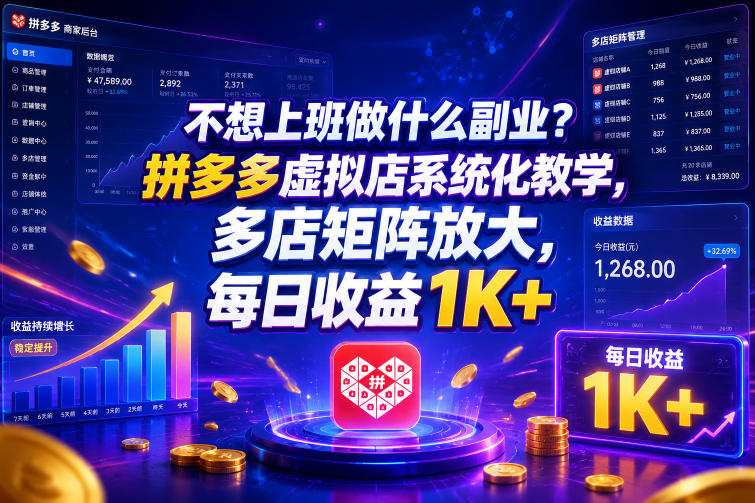 不想上班做什么副业？拼多多虚拟店系统化教学，多店矩阵放大，每日收益1K+【揭秘】-千城资源网
