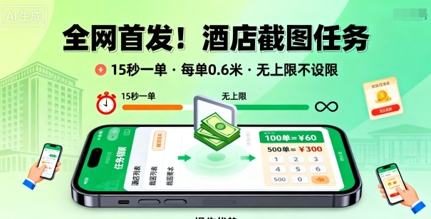 全网首发！酒店截图任务，15秒一单，每单0.6米，任务无上限不设限，矩阵操作单日3张到手【揭秘】-千城资源网