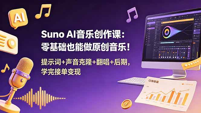 （18945期） Suno AI音乐创作课：零基础也能做原创音乐！提示词+声音克隆+翻唱+后期，学完接单变现-千城资源网