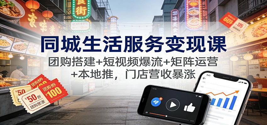 同城生活服务变现课：团购搭建+短视频爆流+矩阵运营+本地推，门店营收暴涨-千城资源网