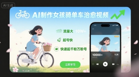 AI制作女孩骑单车治愈视频，流量大，起号快，快速起千粉万粉号-千城资源网