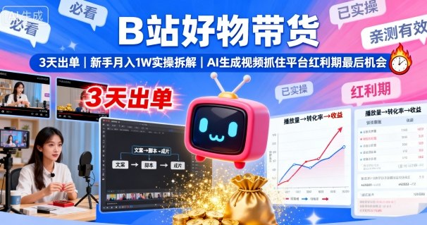 B站好物带货，3天出单，新手月入1W实操拆解，AI生成视频，抓住平台红利期最后机会-千城资源网