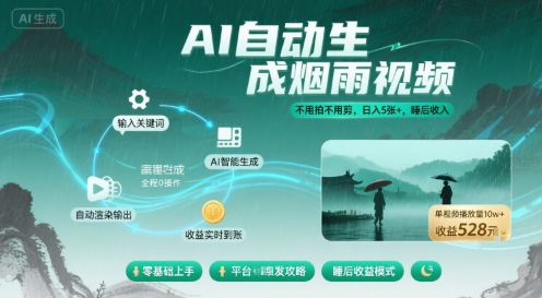 不用拍不用剪！AI自动生成烟雨视频，日入5张+，睡后收入-千城资源网