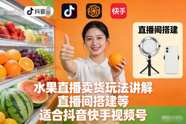 水果直播卖货玩法讲解、直播间搭建等，适合抖音快手视频号-千城资源网