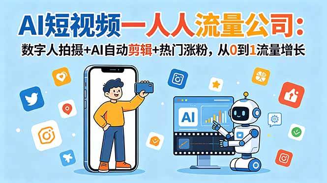 （18864期）AI短视频一人流量公司：数字人拍摄+AI自动剪辑+热门涨粉，从0到1流量增长-千城资源网